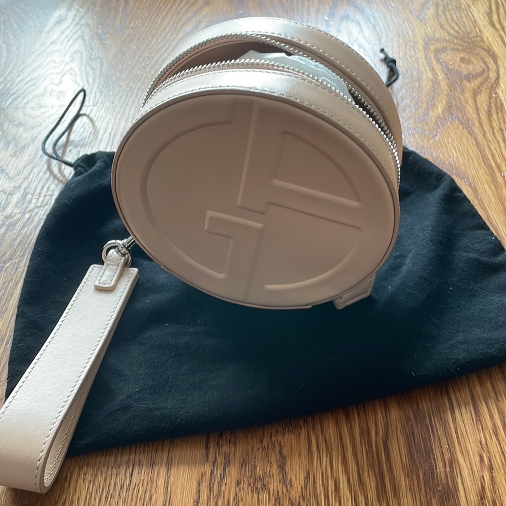 NEW Giorgio Armani Round Leather Zip Clutch in Nude